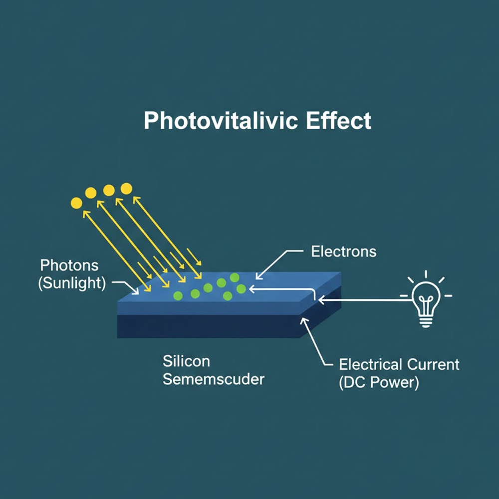 Diagram showing the photovoltaic effect: photons hitting silicon and generating electron flow.jpg