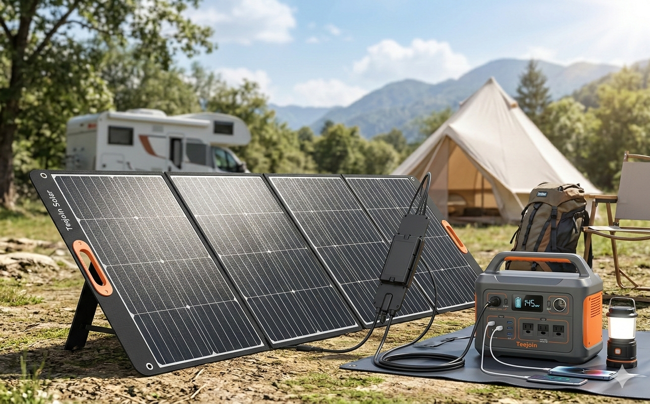 foldable solar panel charging portable power station during camping trip.png