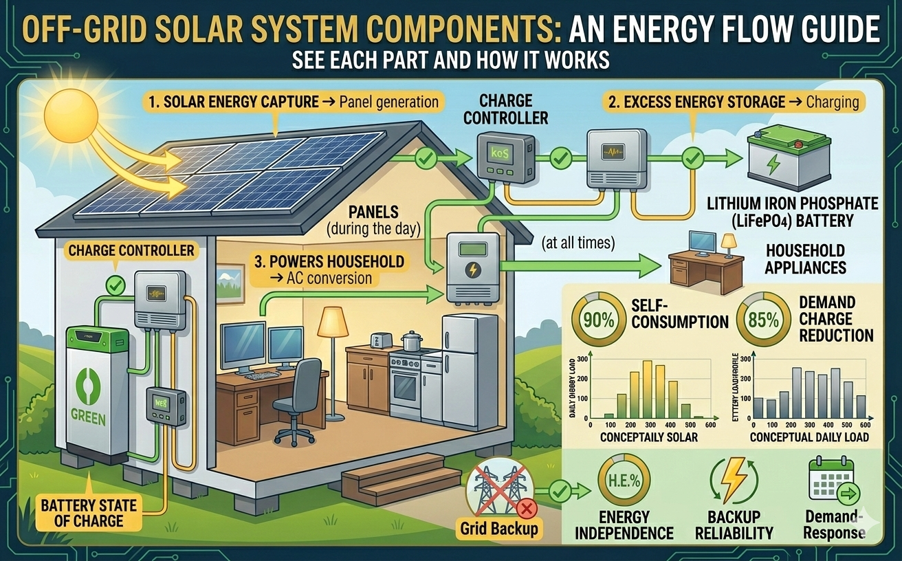 off-grid solar system components solar panels battery inverter charge controller.png