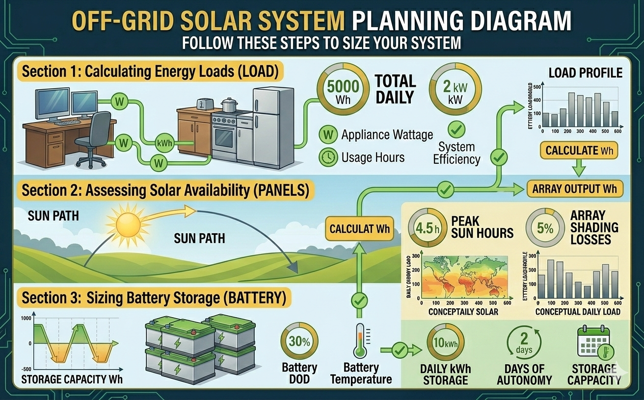off-grid solar system planning diagram solar panels battery load.png