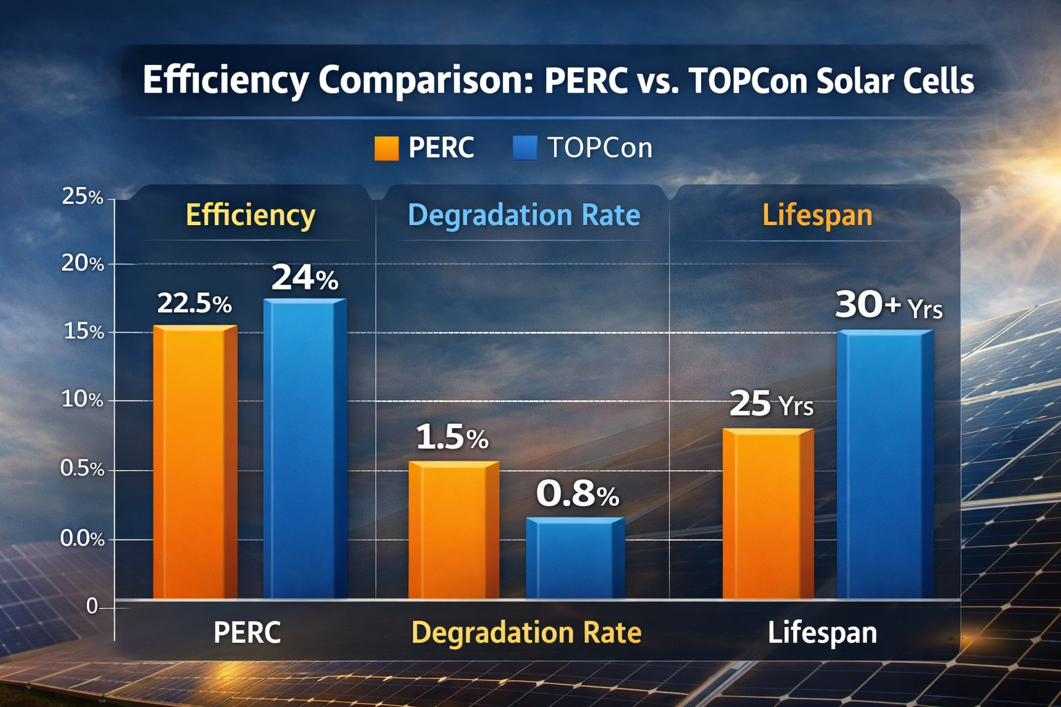 efficiency comparison chart between PERC and TOPCon solar cells, showing solar module efficiency 2026 and degradation rate.png