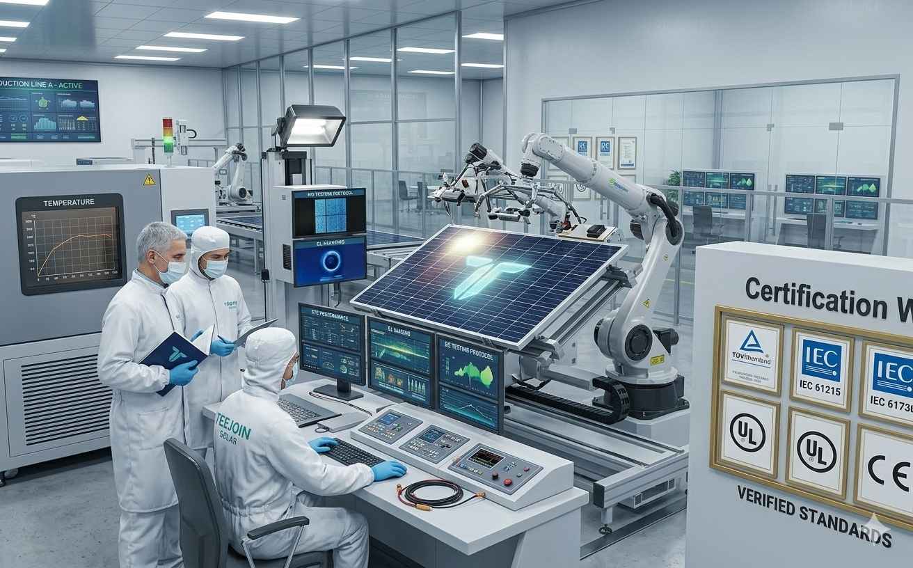 Image suggestion: Engineers testing solar panels in a certification laboratory with equipment for temperature, humidity, and performance testing..png