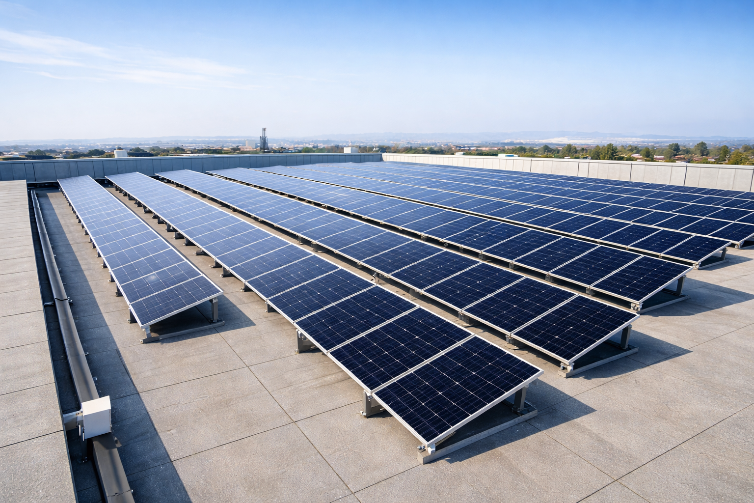 large-scale commercial solar installation on rooftop with clear sky.png