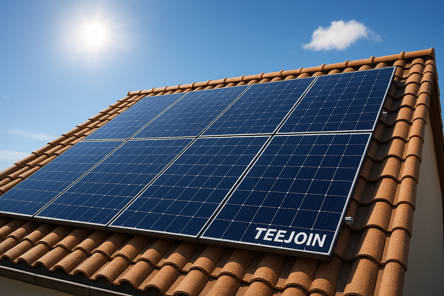 Rooftop solar installation using Teejoin solar panels, sunny sky background.png
